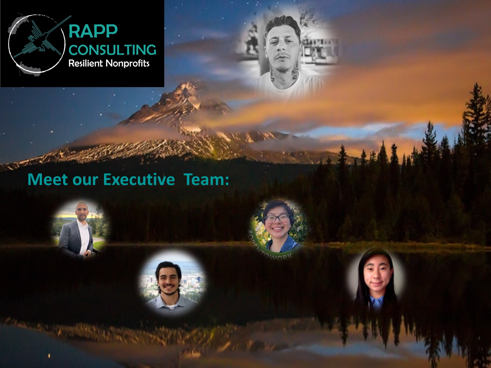 RAPP Consulting executive team graphic with a mountain background