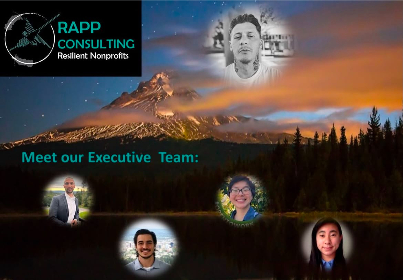 RAPP Consulting executive team graphic with a mountain background
